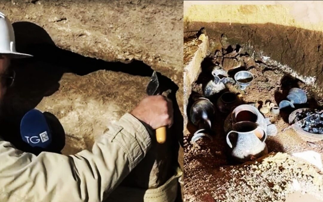 Straordinario. Aperta ora a Vulci tomba etrusca femminile del VI secolo. Intatta. Corredi e braciere per lo spiedo